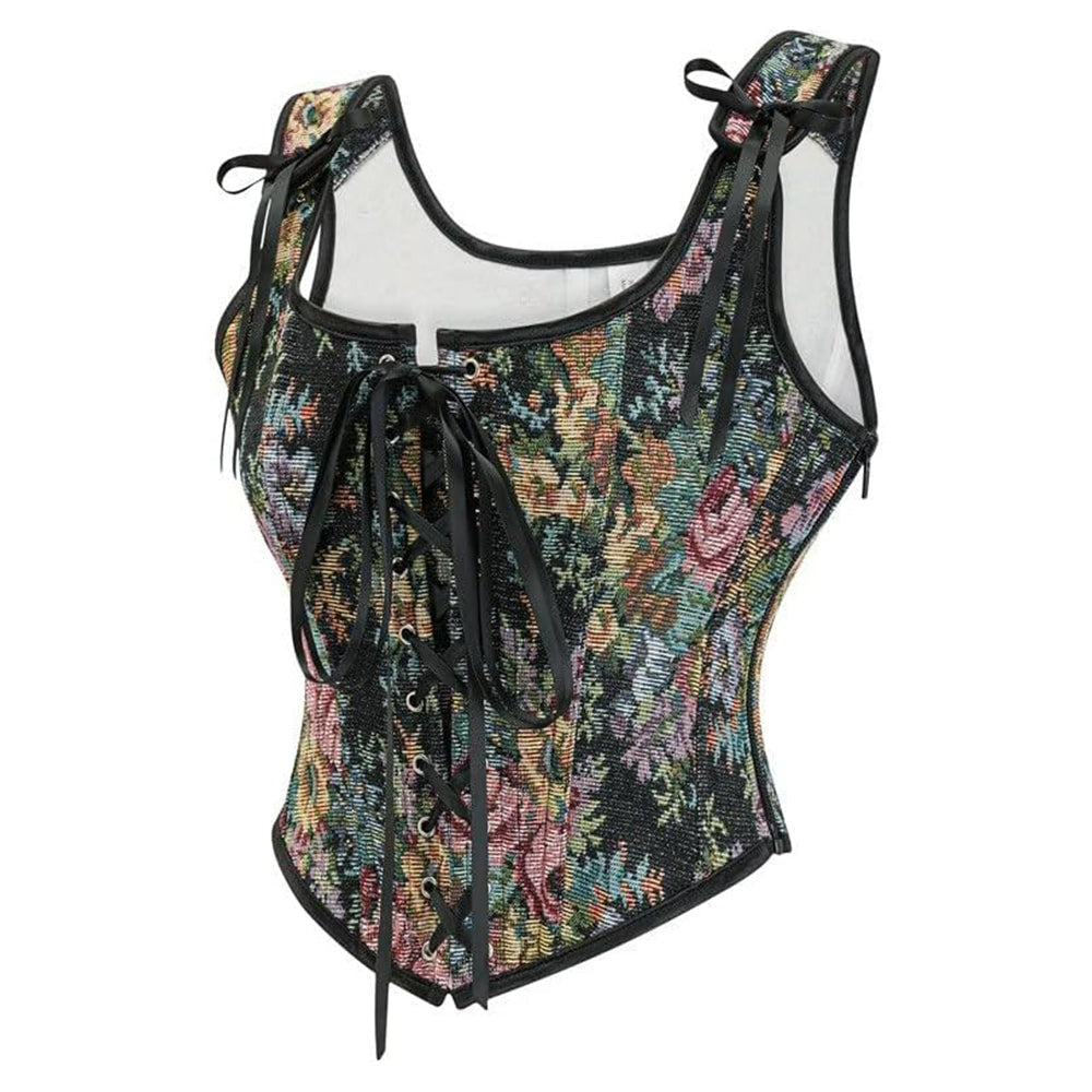 Floral Lace-up Front Vest U-Back Corset