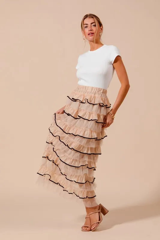 SO ME Layered Ruffled Tulle Maxi Skirt