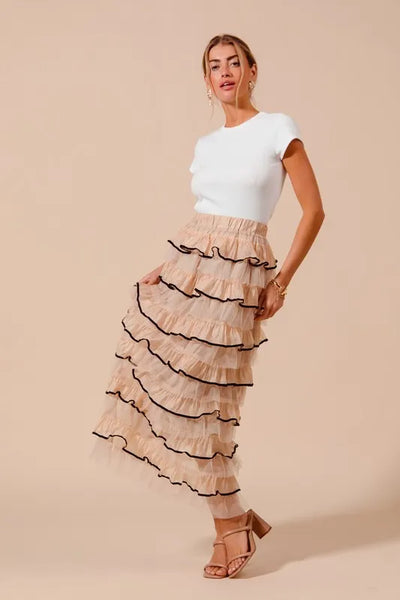 SO ME Layered Ruffled Tulle Maxi Skirt