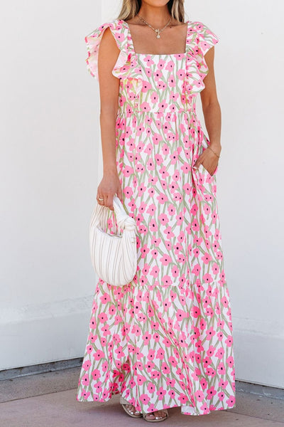 Floral Print Square Neck Ruffled Cap Sleeve Maxi Dress