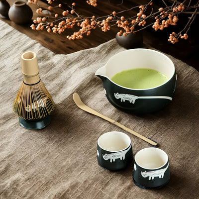 Matcha Set mit Katzendesign – Inklusive Schale, Bambusbesen & Löffel | Perfektes Geschenk für Teeliebhaber