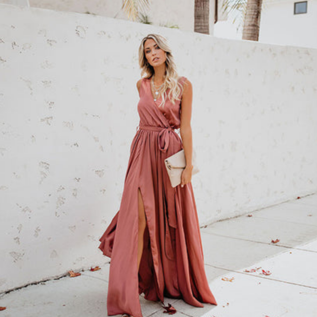 Damen Ärmellos Taille Krawatte Schlitz Kleid | Maxi