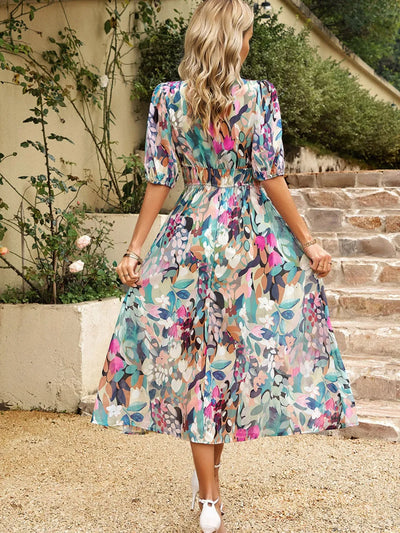 Printed Puff Sleeve Midi Dress