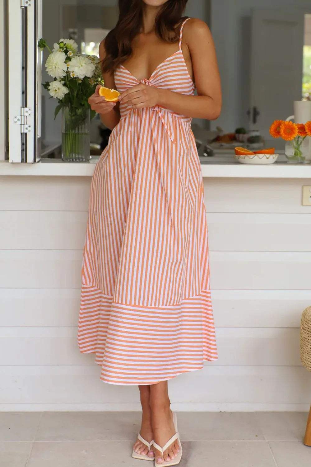 Smocked Back Striped Sleeveless Midi Cami Dress