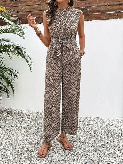 Printed Mock Neck Sleeveless Jumpsuit