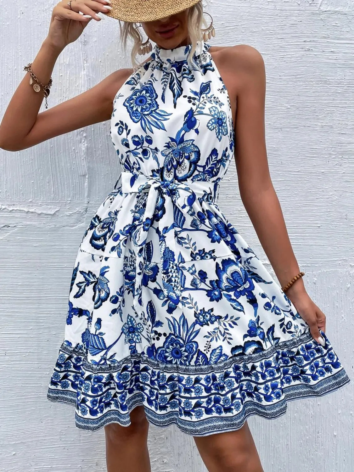 Printed Tie Waist Mini Dress