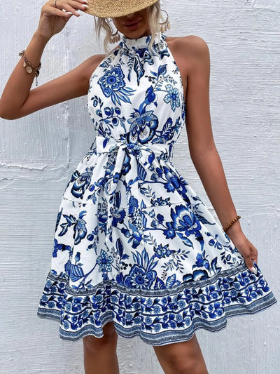 Printed Tie Waist Mini Dress
