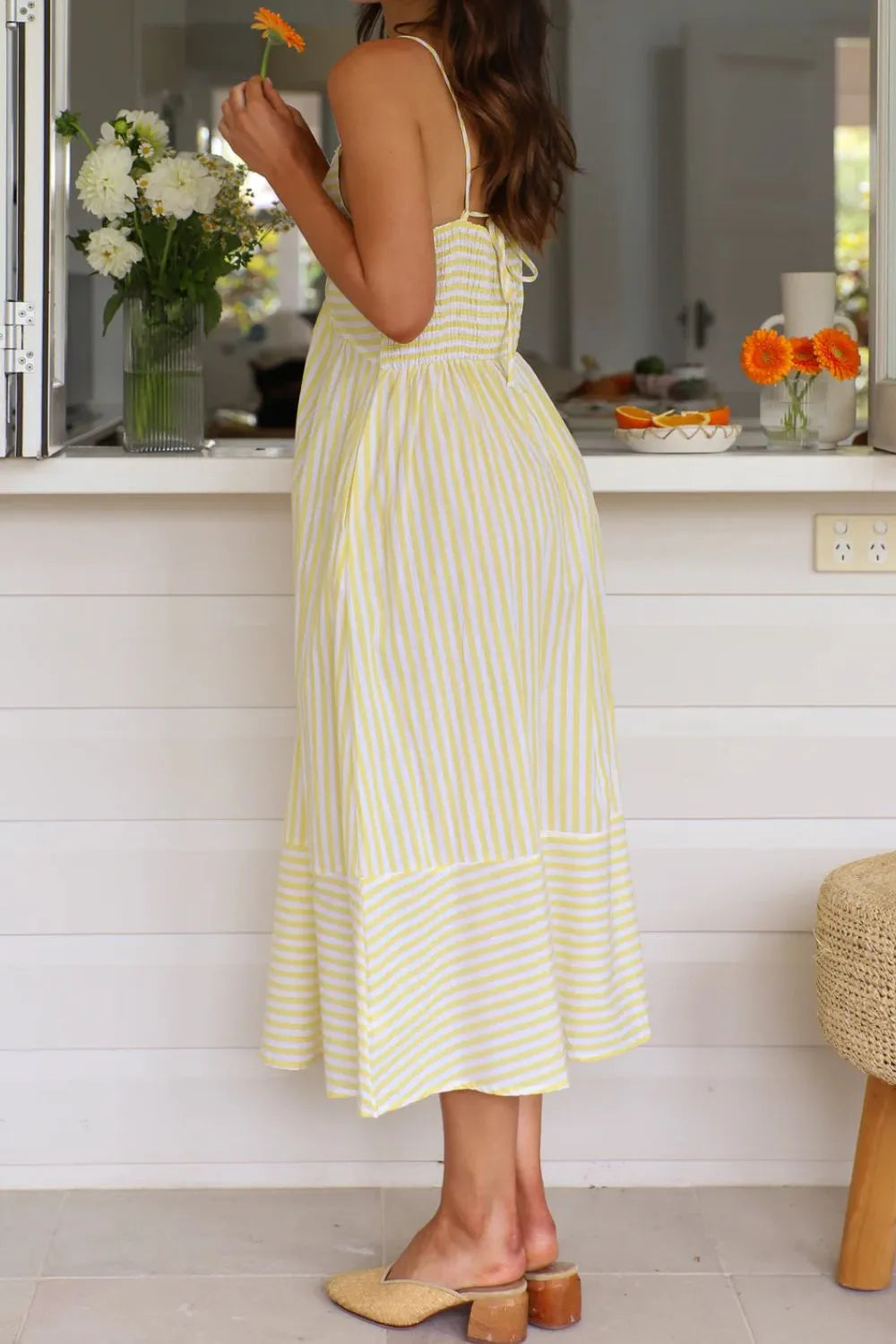 Smocked Back Striped Sleeveless Midi Cami Dress
