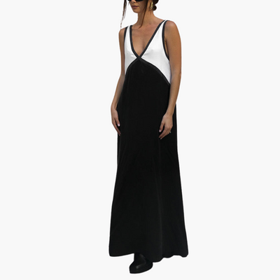 Leichtes V-Ausschnitt Maxi-Kleid für Frauen - Farbblock Design