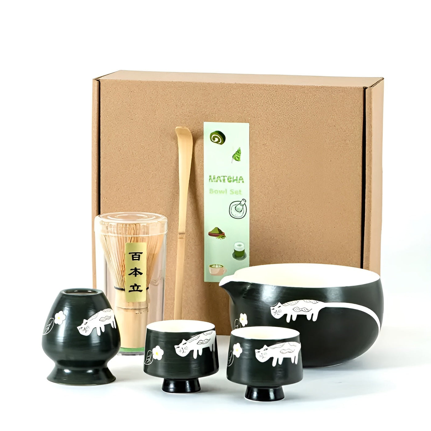 Matcha Set mit Katzendesign – Inklusive Schale, Bambusbesen & Löffel | Perfektes Geschenk für Teeliebhaber