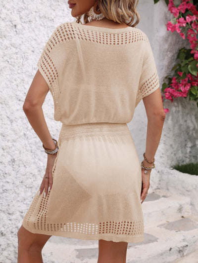 Openwork V-Neck Short Sleeve Cover-Up Dress
