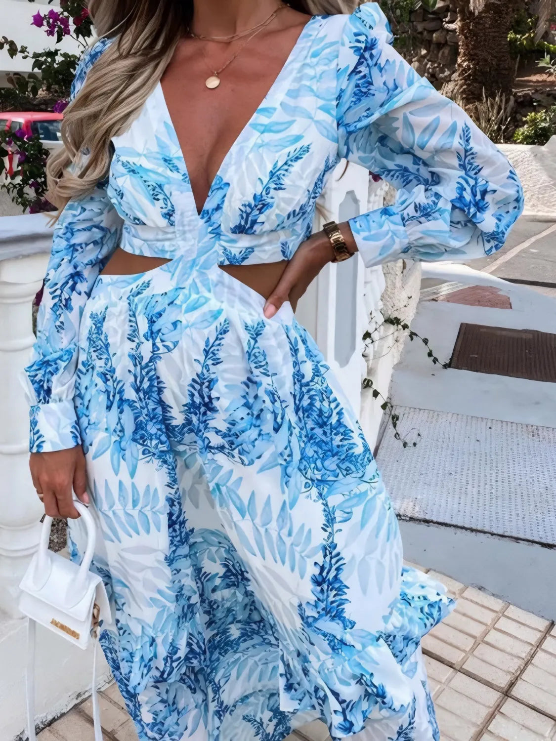 Ruffled Printed Cutout Plunge Maxi Dress