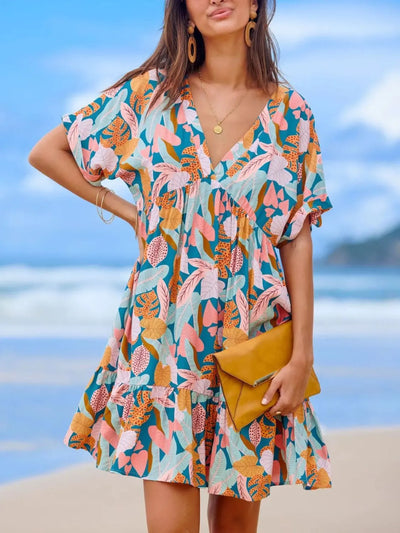 Printed V-Neck Short Sleeve Dress
