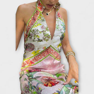 Ayla - Floral Bedrucktes Ärmelloses Maxikleid mit Offenem Rücken