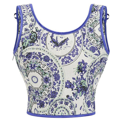 Floral Blue Brocade Lace-up Front Corset Vest