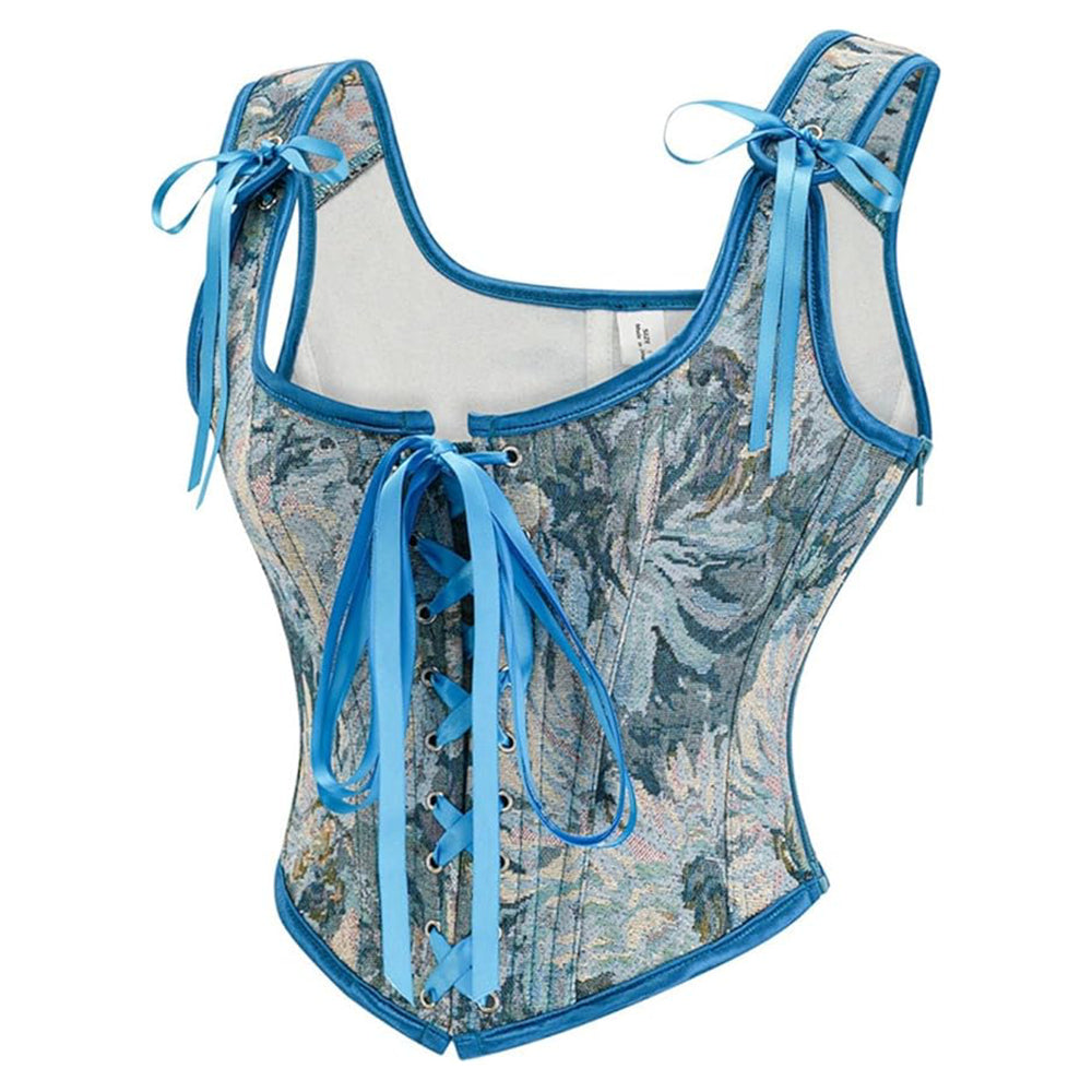 Floral Blue Brocade Lace-up Front Corset Vest