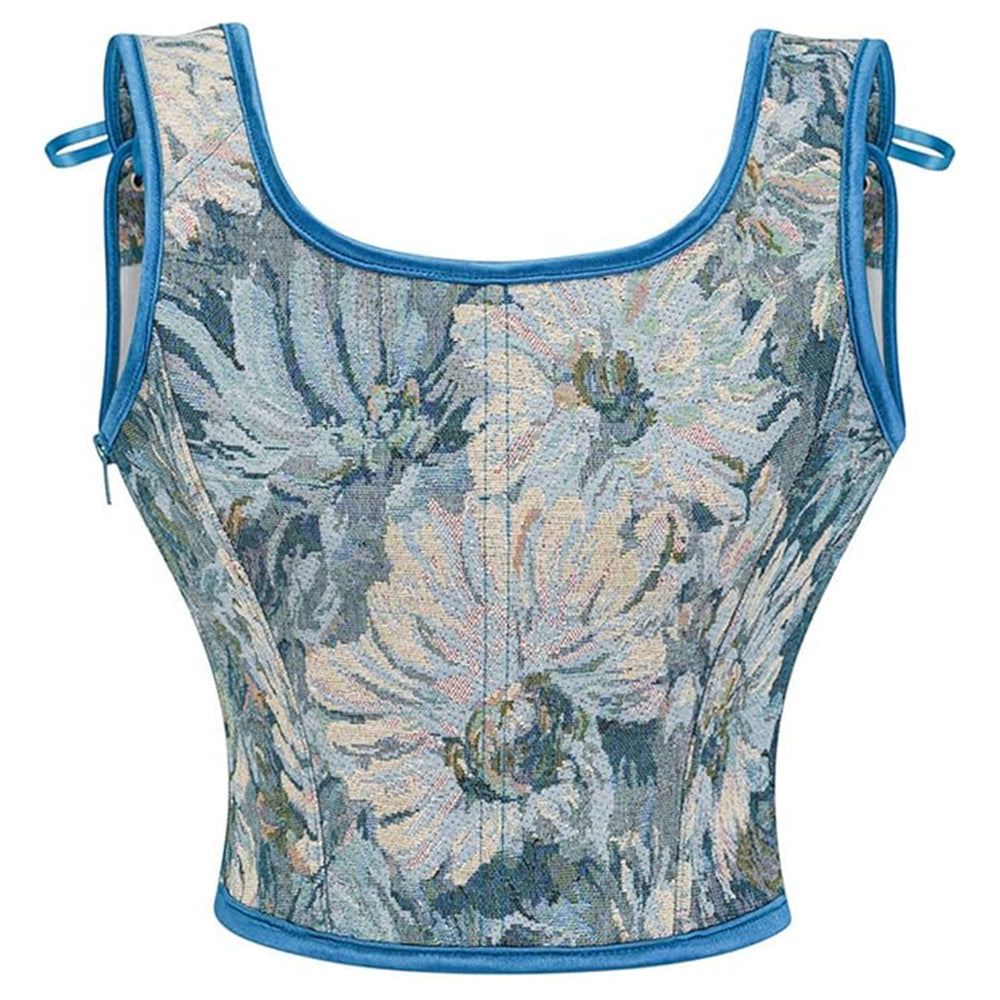 Floral Blue Brocade Lace-up Front Corset Vest