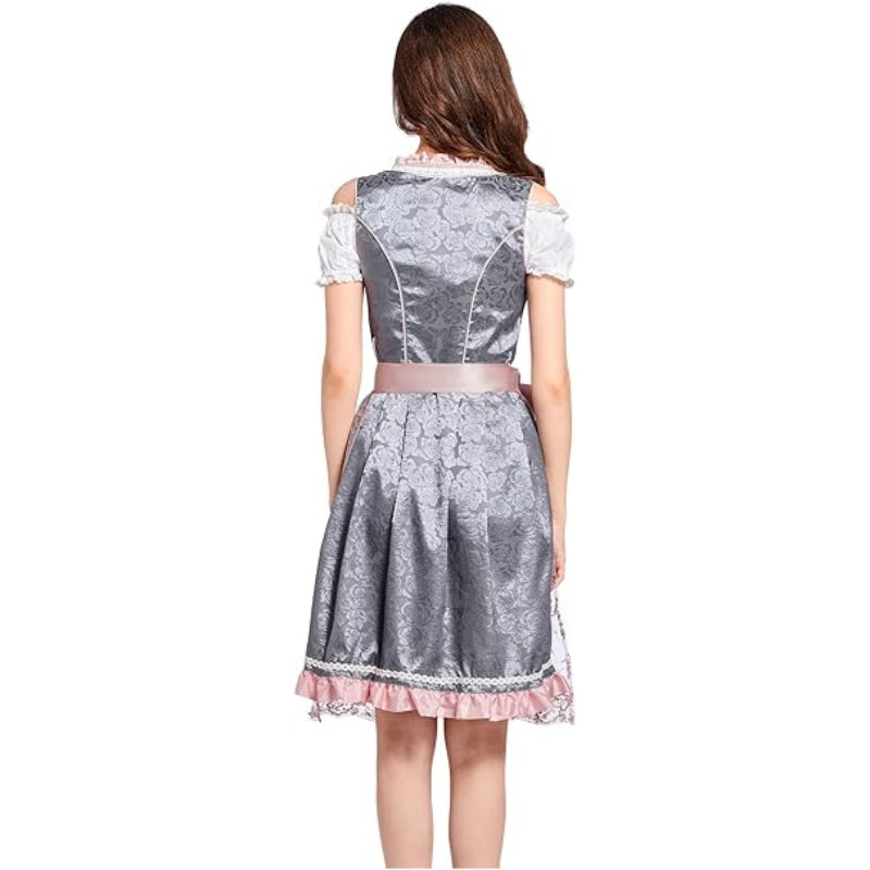 Oktoberfest Gray Dirndl Dress with Pink Lace Apron