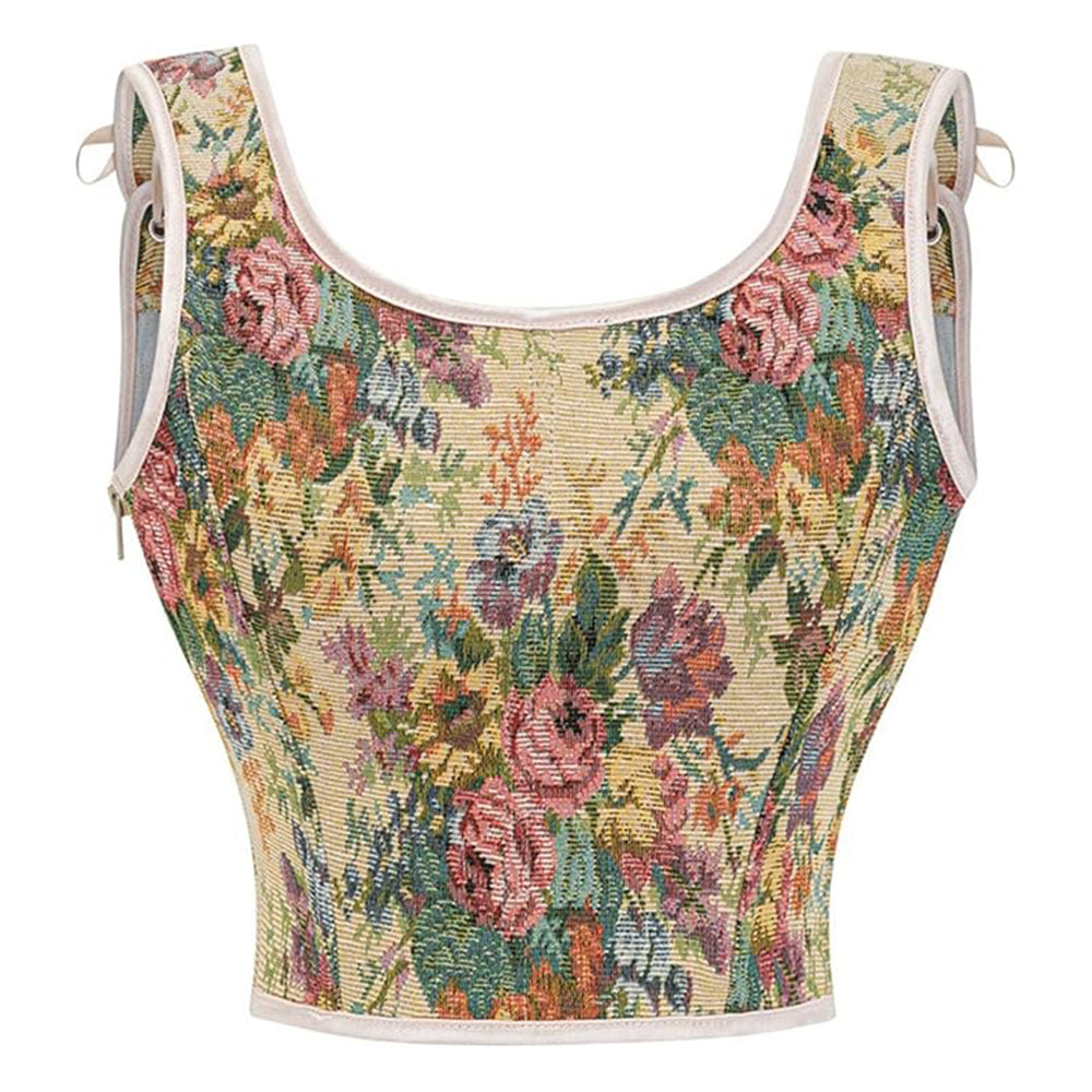 Floral Lace-up Front Vest U-Back Corset