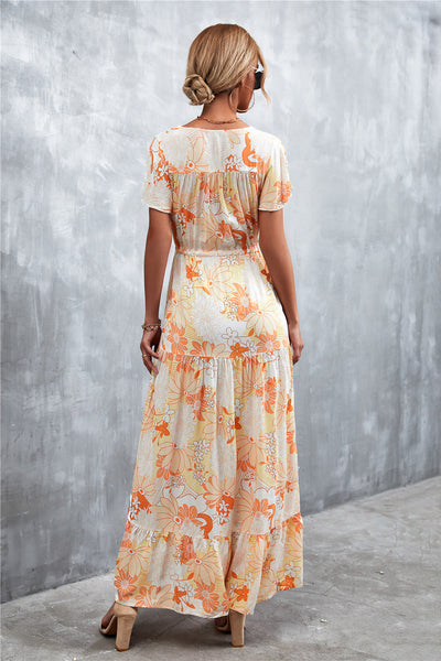 Floral Buttoned Drawstring Waist Tiered Dress