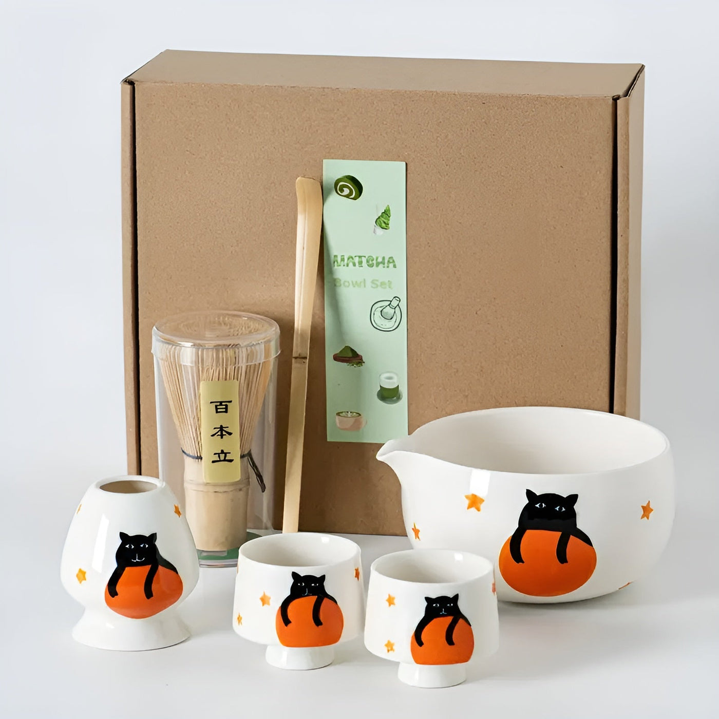 Matcha Set mit Katzendesign – Inklusive Schale, Bambusbesen & Löffel | Perfektes Geschenk für Teeliebhaber