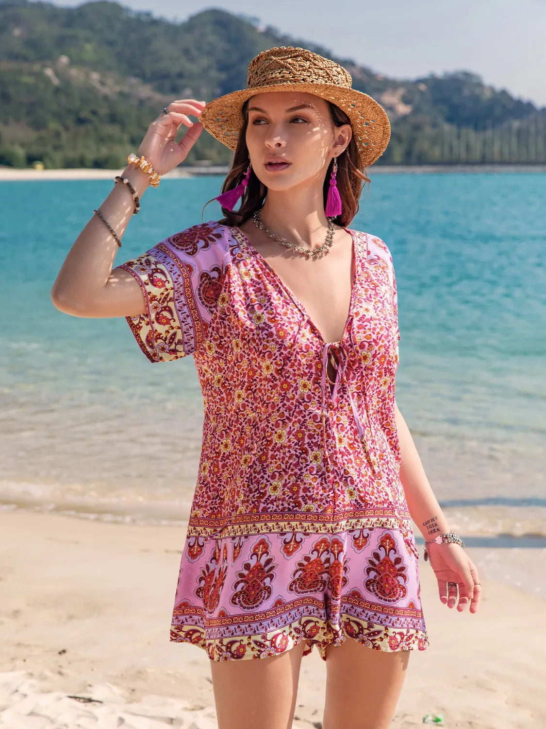 Printed V-Neck Short Sleeve Romper