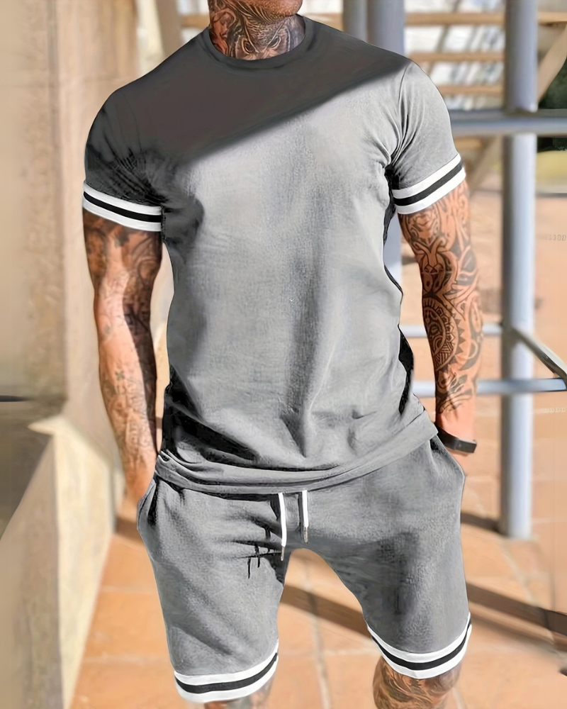 Herren Sport Set mit T-Shirt & Shorts | Zweiteiler mit Streifen für Sommer & Training