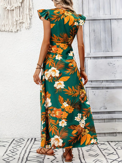 High-Low Printed Cap Sleeve Maxi Dress