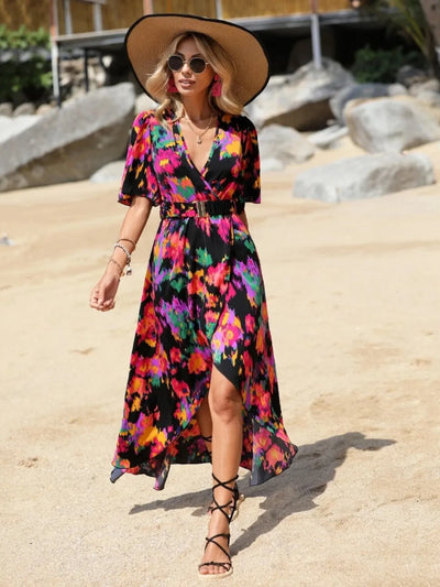 Printed Surplice Short Sleeve Maxi Dress