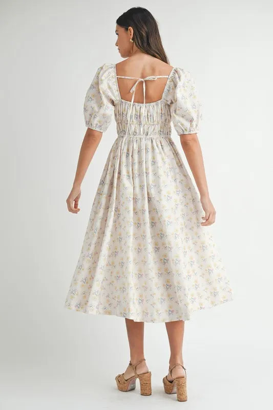 MABLE Floral Drawstring Detail Puff Sleeve Midi Dress