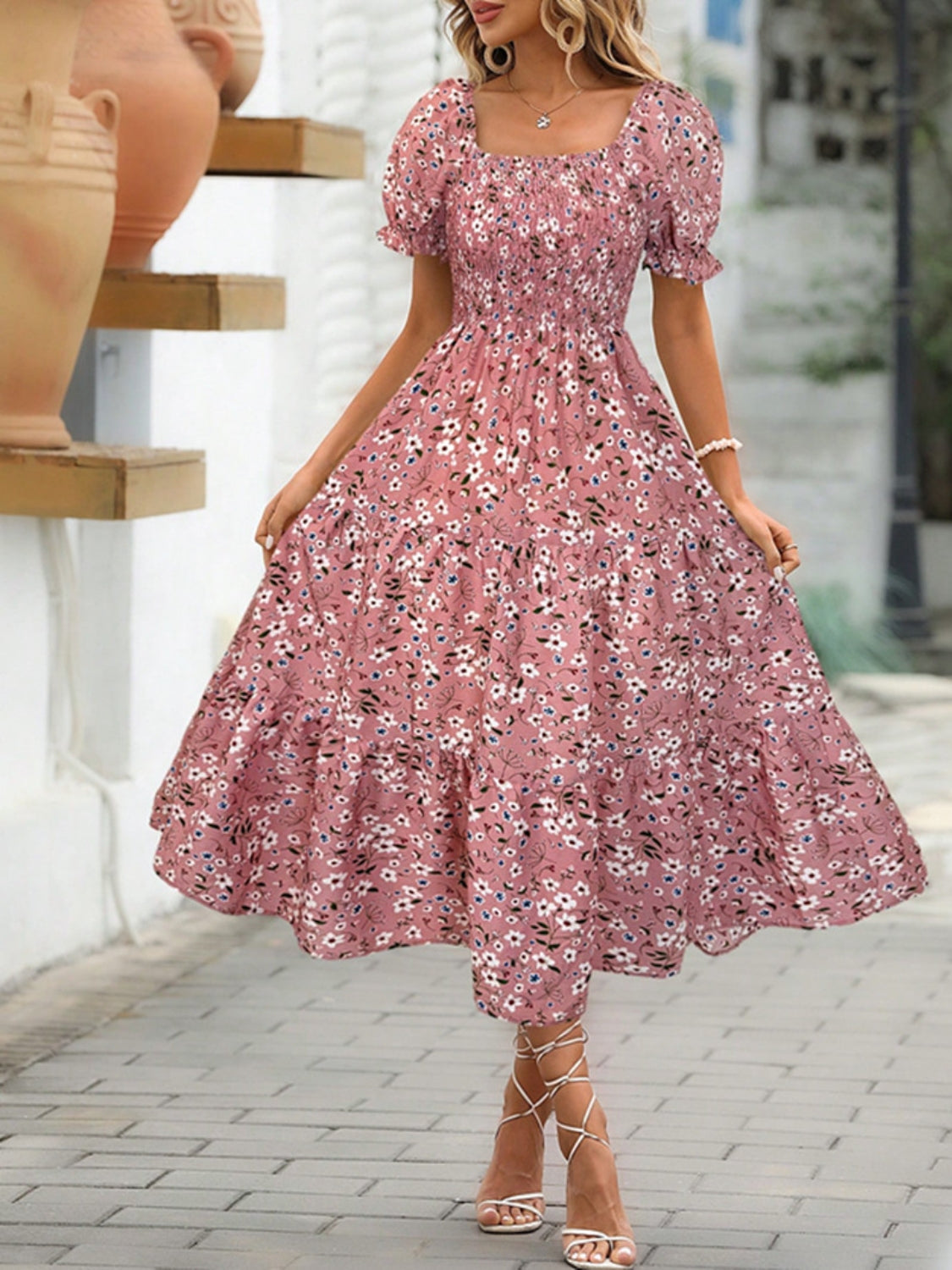 Floral Square Neck Short Sleeve Tiered Dress