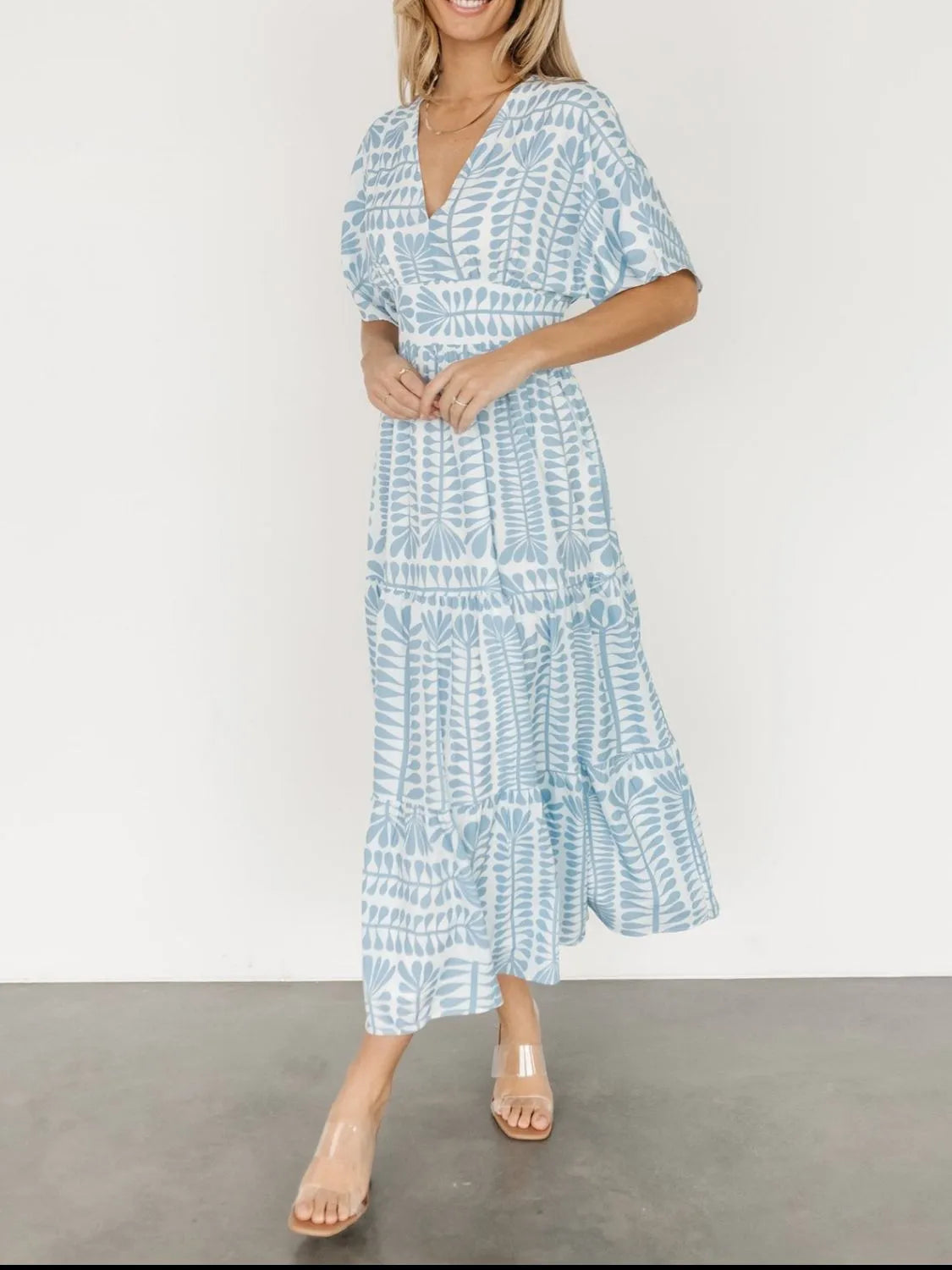 Ruched Printed V-Neck Half Sleeve Midi Dress