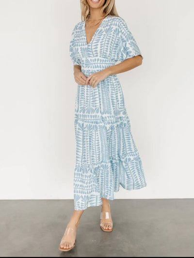 Ruched Printed V-Neck Half Sleeve Midi Dress