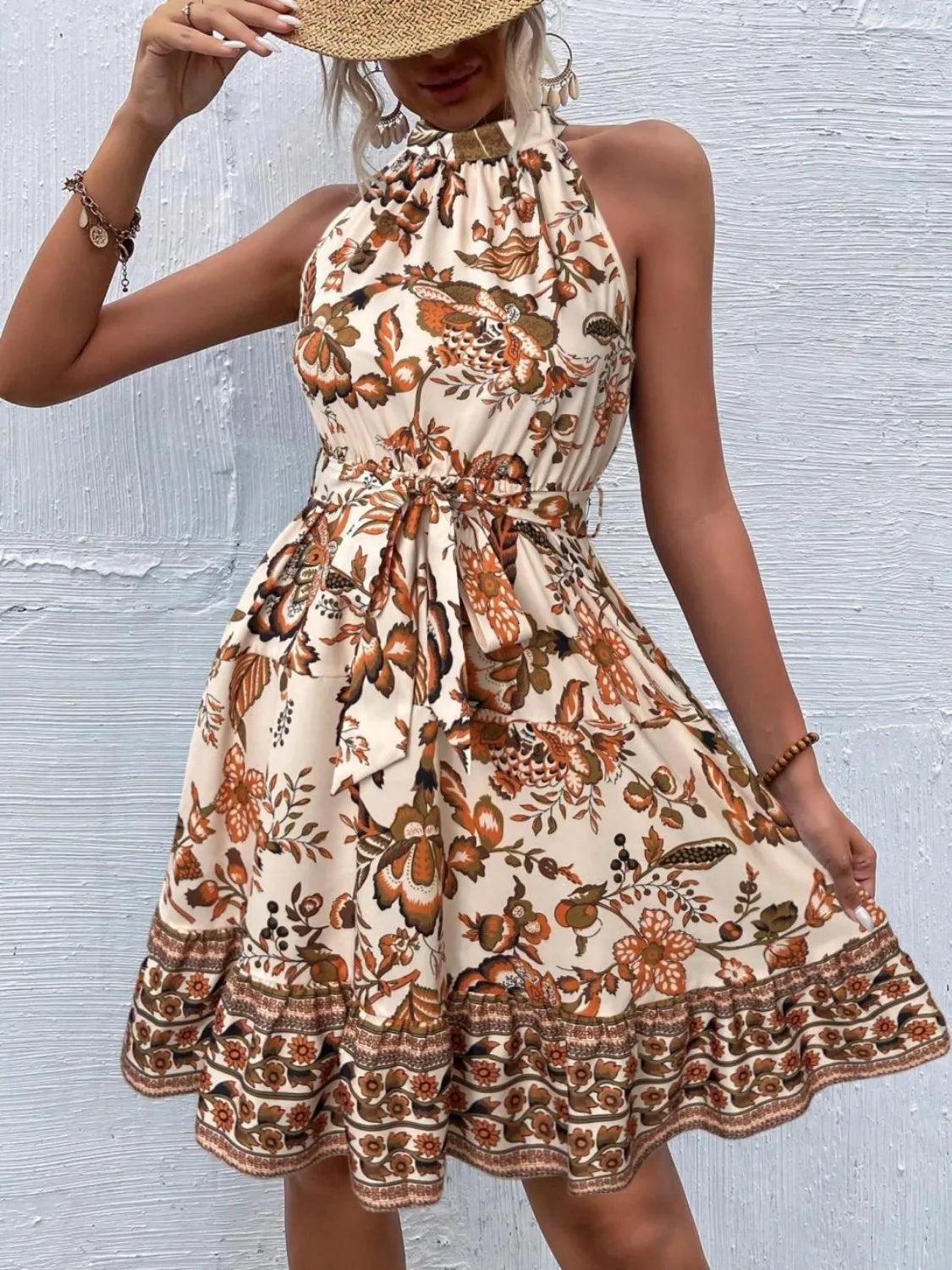 Printed Tie Waist Mini Dress