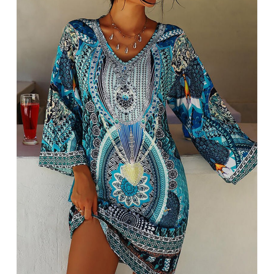 Damen Bedrucktes Boho V Ausschnitt Kleid | Mini