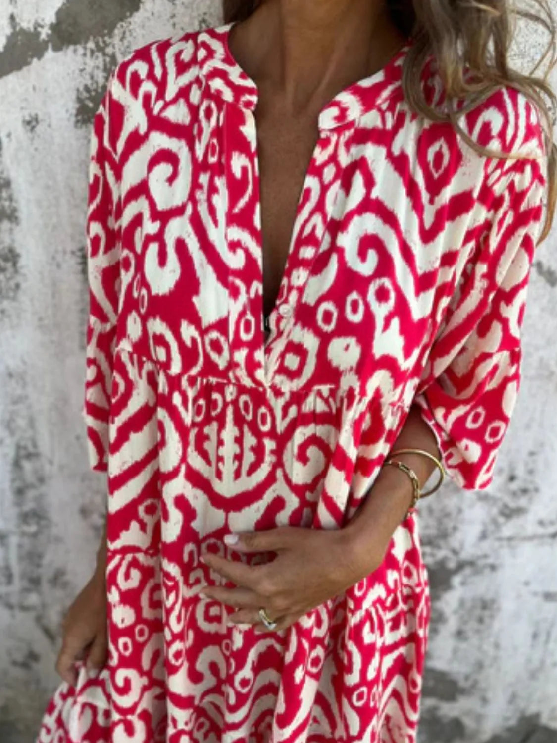 Full Size Printed Notched Half Sleeve Dress Plus Size