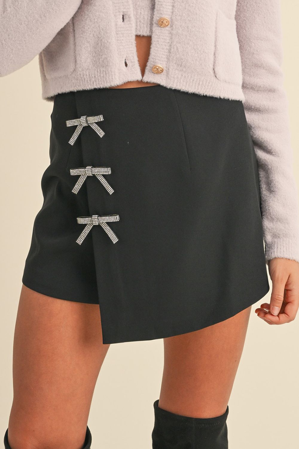 Rhinestone Bow Wrap High Waist Mini Skirt