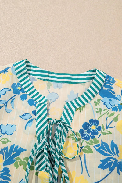 Floral Striped Trim Puff Short Sleeve Dress