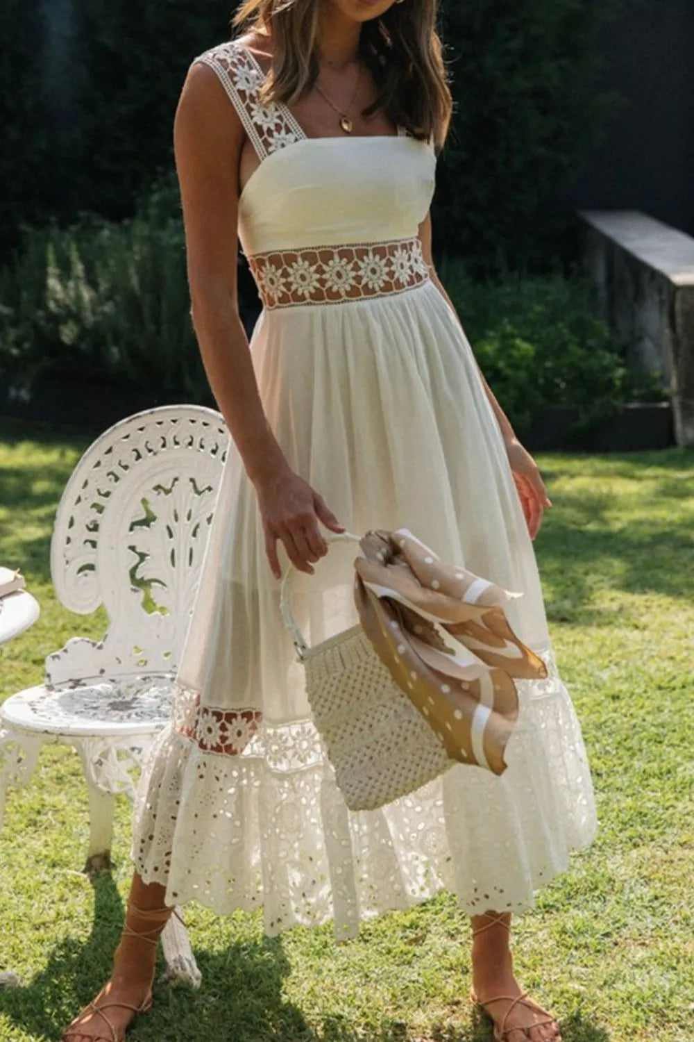 Lace Detail Square Neck Midi Cami Dress