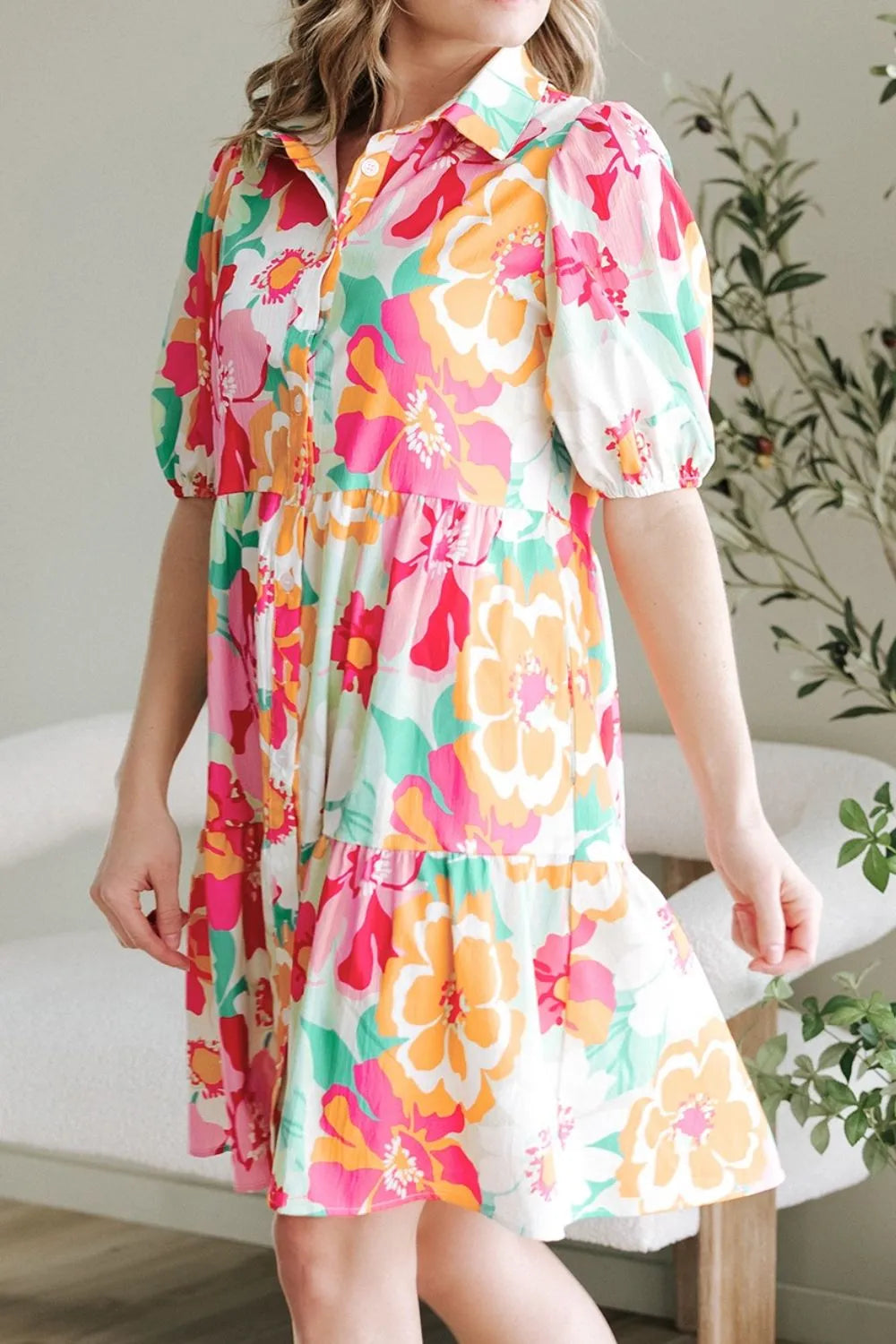 Button Down Floral Puff Sleeve Babydoll Dress