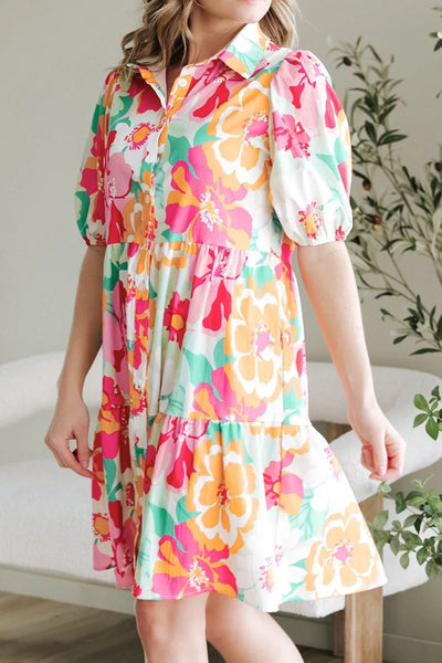 Button Down Floral Puff Sleeve Babydoll Dress