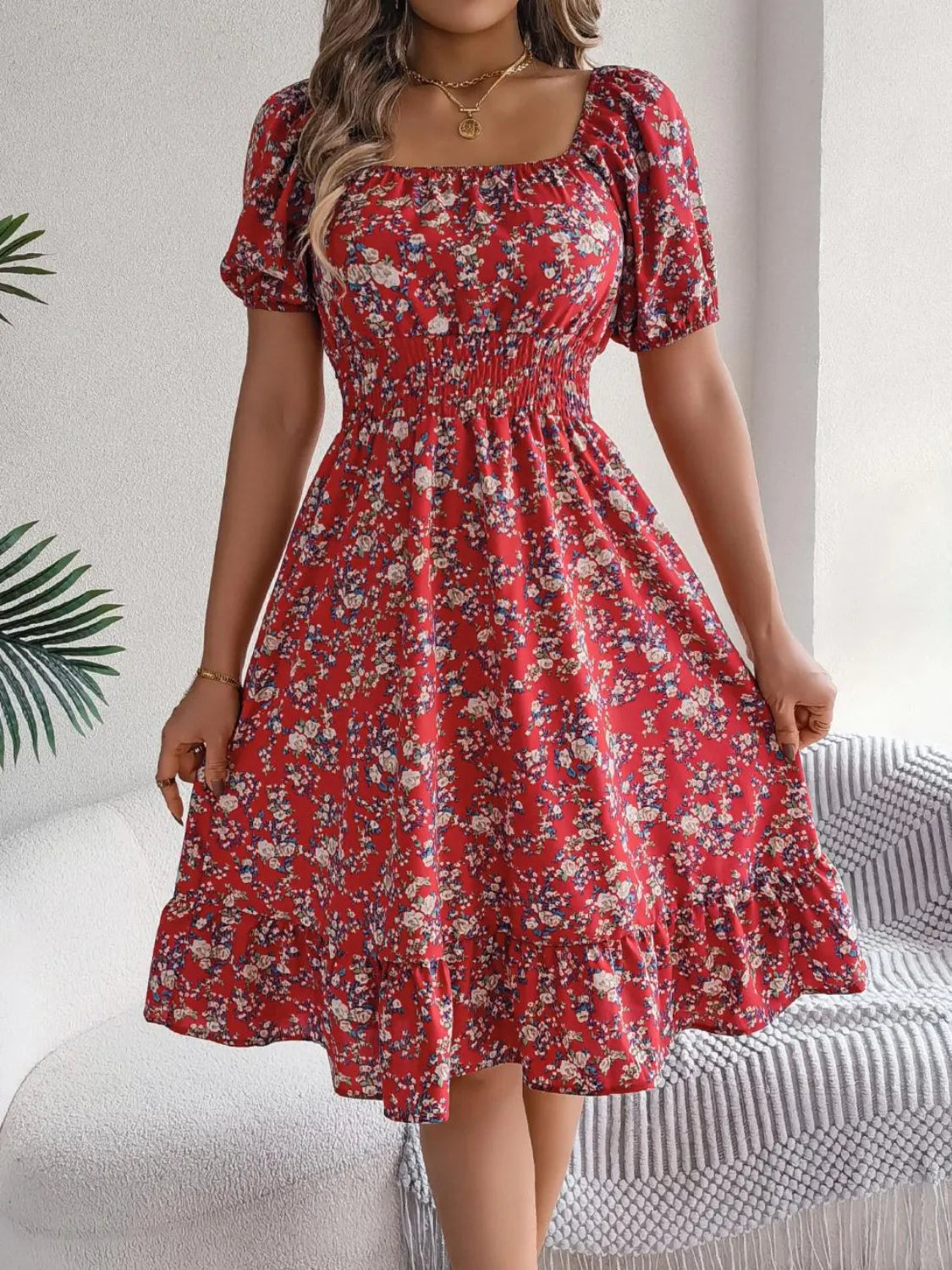Ruffled Hem Floral Puff Sleeve Dress