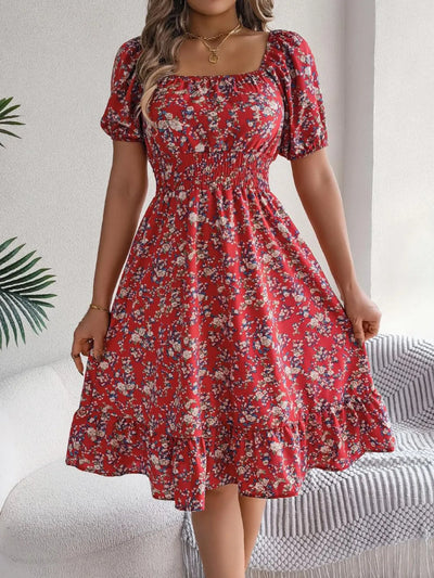 Ruffled Hem Floral Puff Sleeve Dress