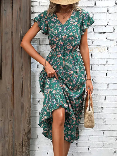 Ruffled Floral V-Neck Cap Sleeve Dress