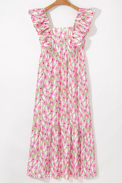 Floral Print Square Neck Ruffled Cap Sleeve Maxi Dress