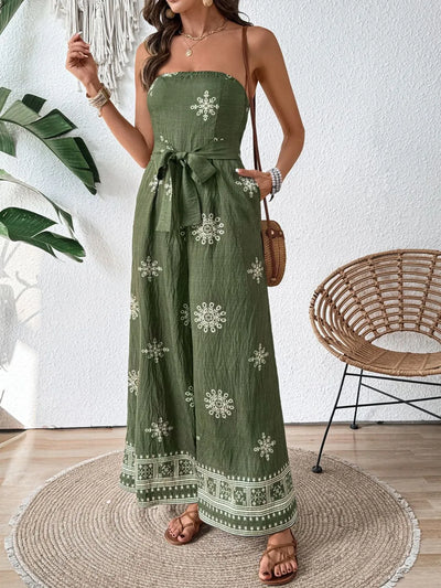 Printed Wide Leg Tube Jumpsuit