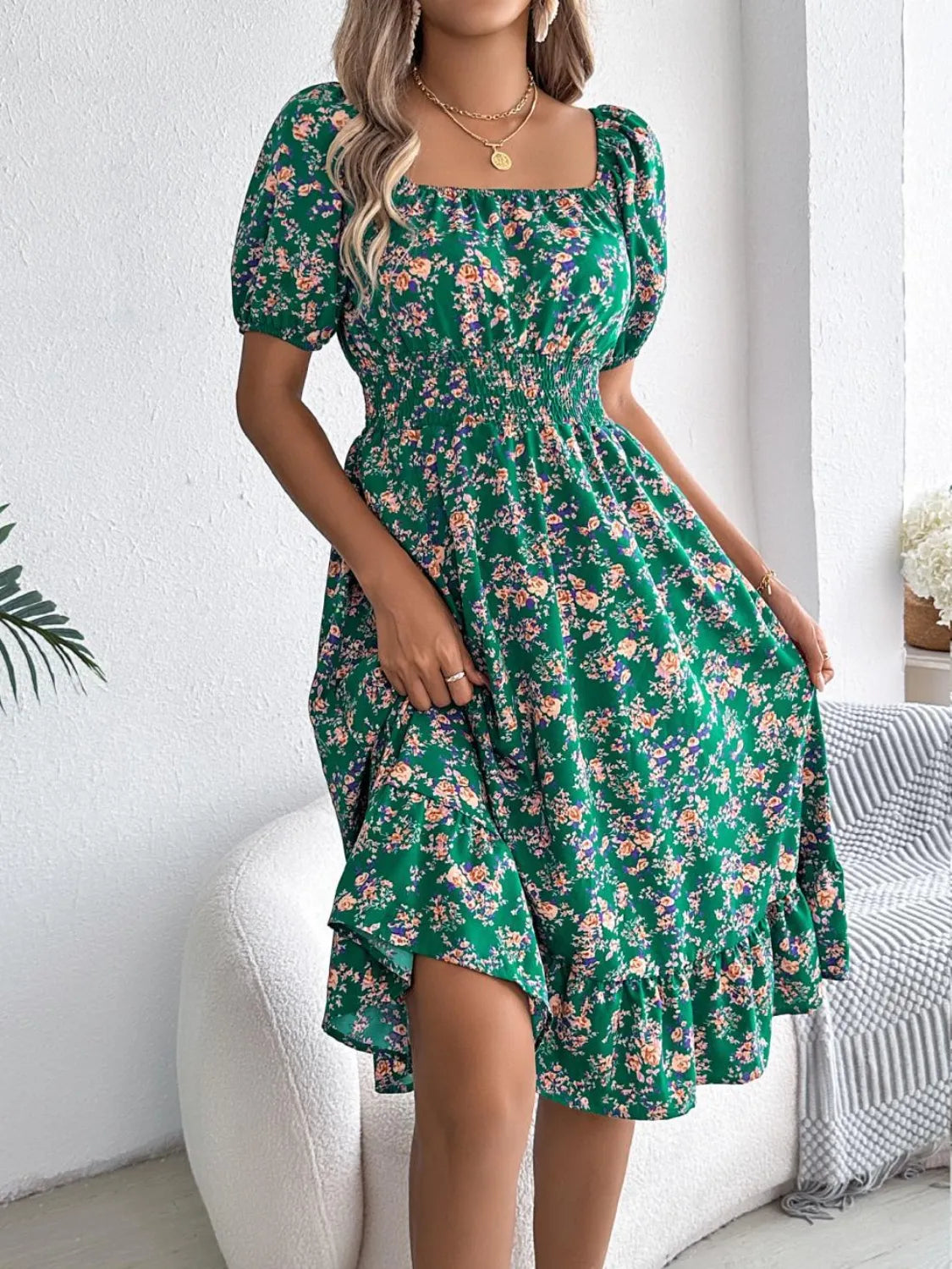 Ruffled Hem Floral Puff Sleeve Dress