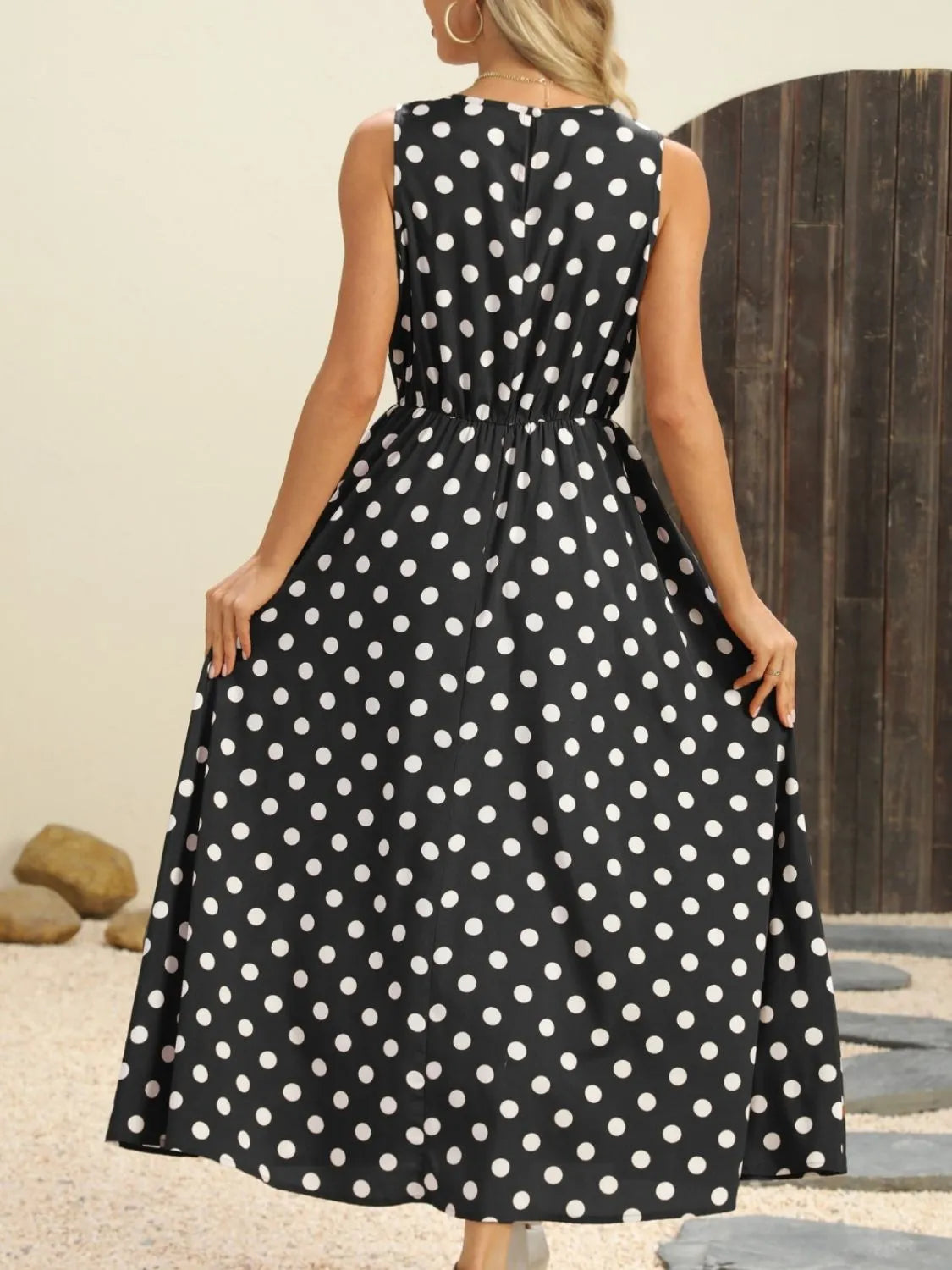Polka Dot Round Neck Sleeveless Midi Dress
