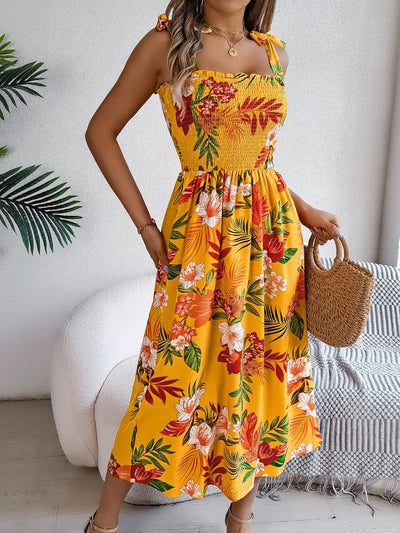 Smocked Floral Tie Shoulder Midi Dress