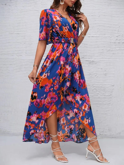 Printed Surplice Short Sleeve Maxi Dress